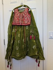 Indian Green Red Embroidered Lehanga Skirt Dupatta Salwar Kameez Set for Girls