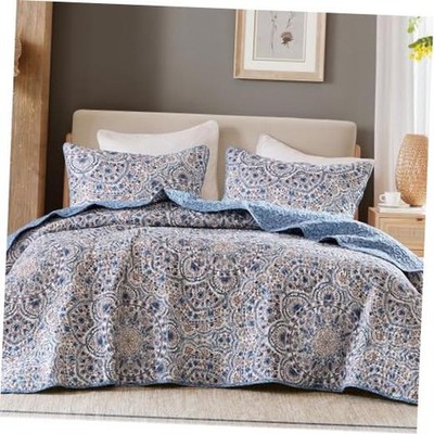 Valerie Boho Quilt Set/XL - Soft Reversible Watercolor Medallion Twin Blue