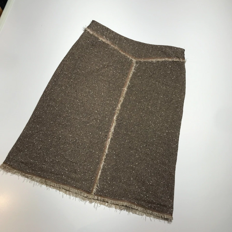 Doncaster A-Line Skirt Womens 14 Brown Tweed Herringbone Leather Trim Rayon-Silk - Image 2 of 4