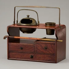 Japanese Keyaki Tobacco Tray “Tabako-bon” w/ Drawers & Kiseru Pipe - Meiji Era