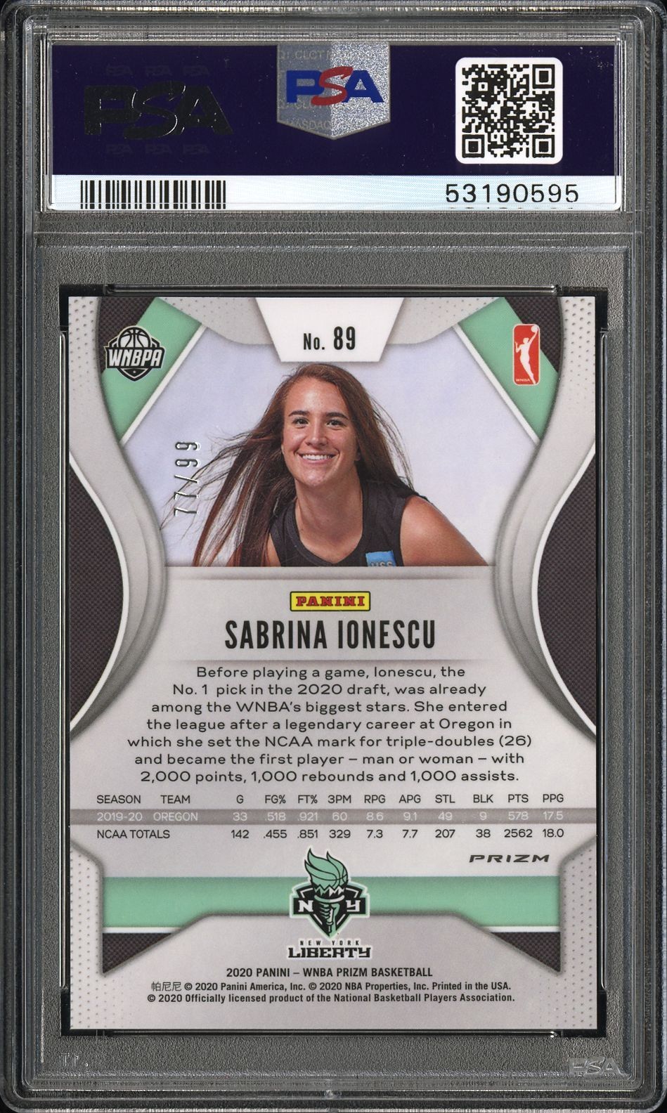 2020 Panini Prizm WNBA #89 Sabrina Ionescu RC Premium Scope /99 PSA 10 ROOKIE view 2