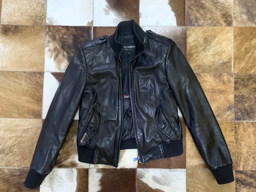 D&G Dolce & Gabbana Black Leather Bomber Jacket Womens Size M Made in Italy