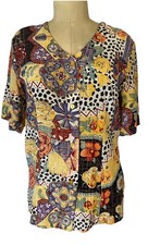 Vtg Annie Alexander Silk Abstract Floral Multi Print S Sl Collared Blouse S