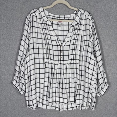 Wrangler Babydoll Flannel Peasant Top XXL White Black Plaid Henley Country Check