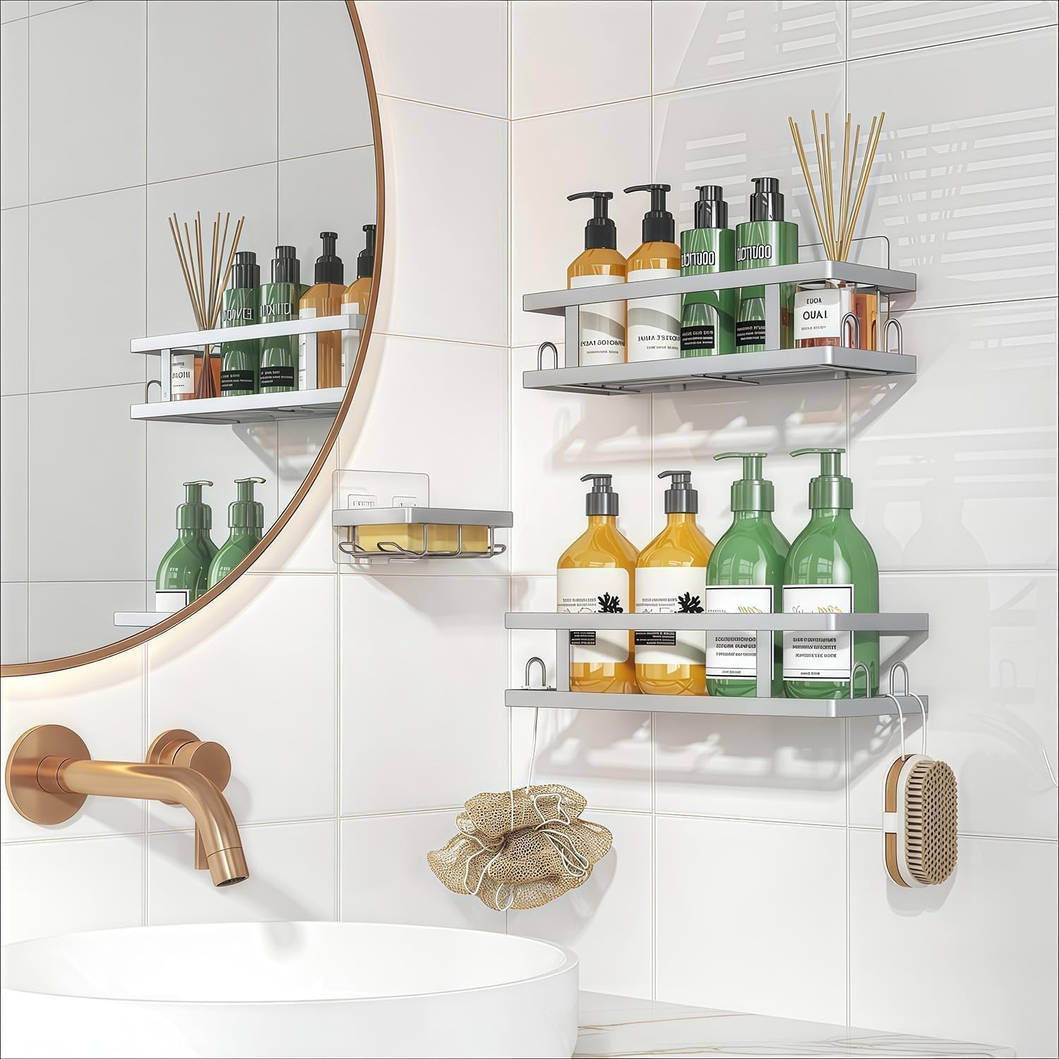 3-PC Adhesive Shower Caddy - Rustproof Shower Shelves with Soap Holder Hooks    