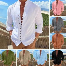 Men Henley Button Up Shirts Solid Linen Hippie Beach Collarless Long Sleeve Soft