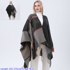 Lady Plaid Knit Poncho Batwing Tassel Shawl Cape Pullover Cloak Fringe Warm
