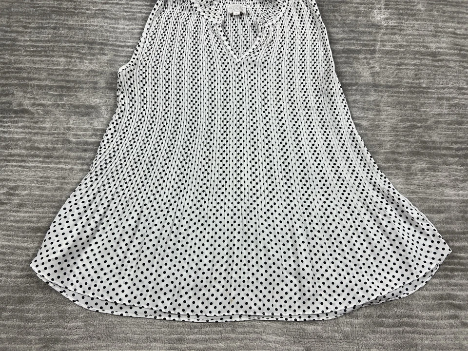 紫色和克莱尔上衣女式中号白色黑色圆点无袖 V 领打褶 — 第 3/4 张图片