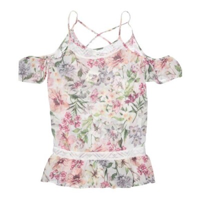 Miken Swim Floral Cold Shoulder Cover Up Dress Ruffle Hem NWT S