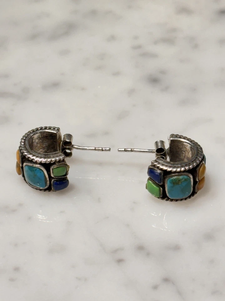 BARSE Sterling Silver 925 Multi Gem Turquoise Coral Lapis Half hoop Earrings - Image 3 of 4