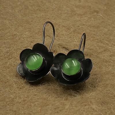 Natural Green Monalisa Gemstone Hoop Black Plated Earrings 925 Sterling Silver