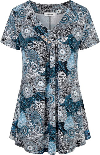 Women'S Tunic Summer Short Sleeve Top Loose V Neck Dressy Shirt Blouse