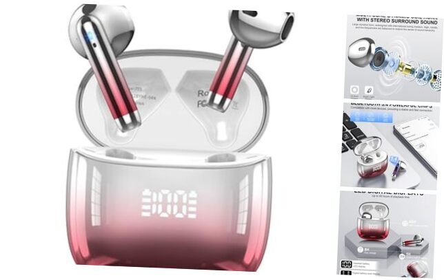 Wireless Earbuds, Bluetooth Headphones 48H Playtime Ear Buds with LED 40H Red-image