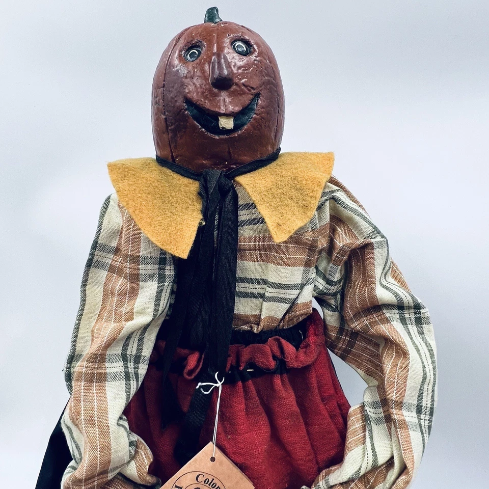 Primitive Folk Art Fall Autumn 30” Pumpkin Doll Wax Head Hands Joanne Brook - Image 3 of 4