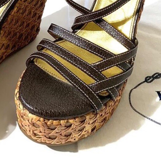 PRADA VINTAGE Y2K BROWN LEATHER STRAPPY WEDGE SANDALS RAFFIA PLATFORM HEELS/5.5 image 3
