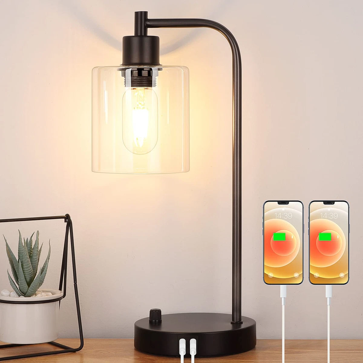 Industrial Table Lamp with 2 USB Port Fully Stepless Dimmer Switch Modern Night