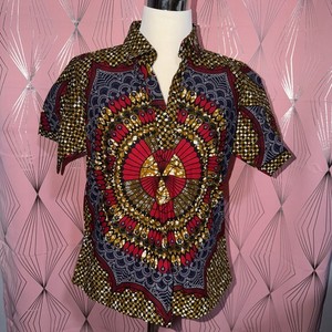 African Print Women Red and Brown Collar Shirt M