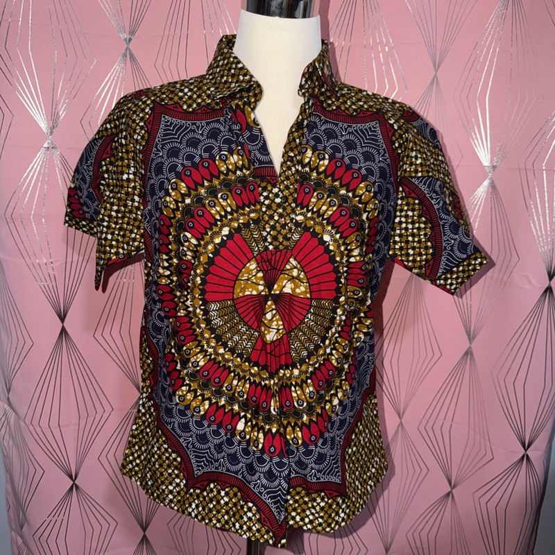 African Print Women Red and Brown Collar Shirt M