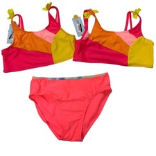 New Cat Jack Girls XL Bright Orange 2 Bikini Tops 1 Swim Bottom Swimsuit Set