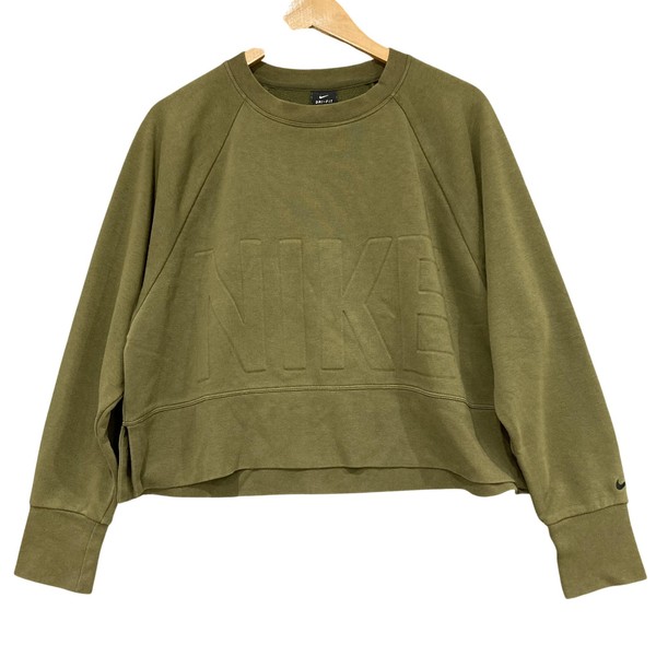 Nike Sweatshirt Womens M Green Dri-FIT Fleece Cropped Crew Logo Pullover Winter