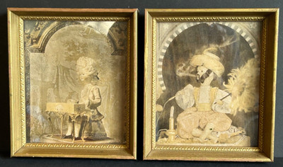 Unique 2 Vintage Framed Pictures in Sepia Tone Mozart & Hooka Dolls Bizarre Odd