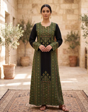 Palestinian Tatreez Dress - Green Cross Stitch Maxi Thobe - Intricate Embroider