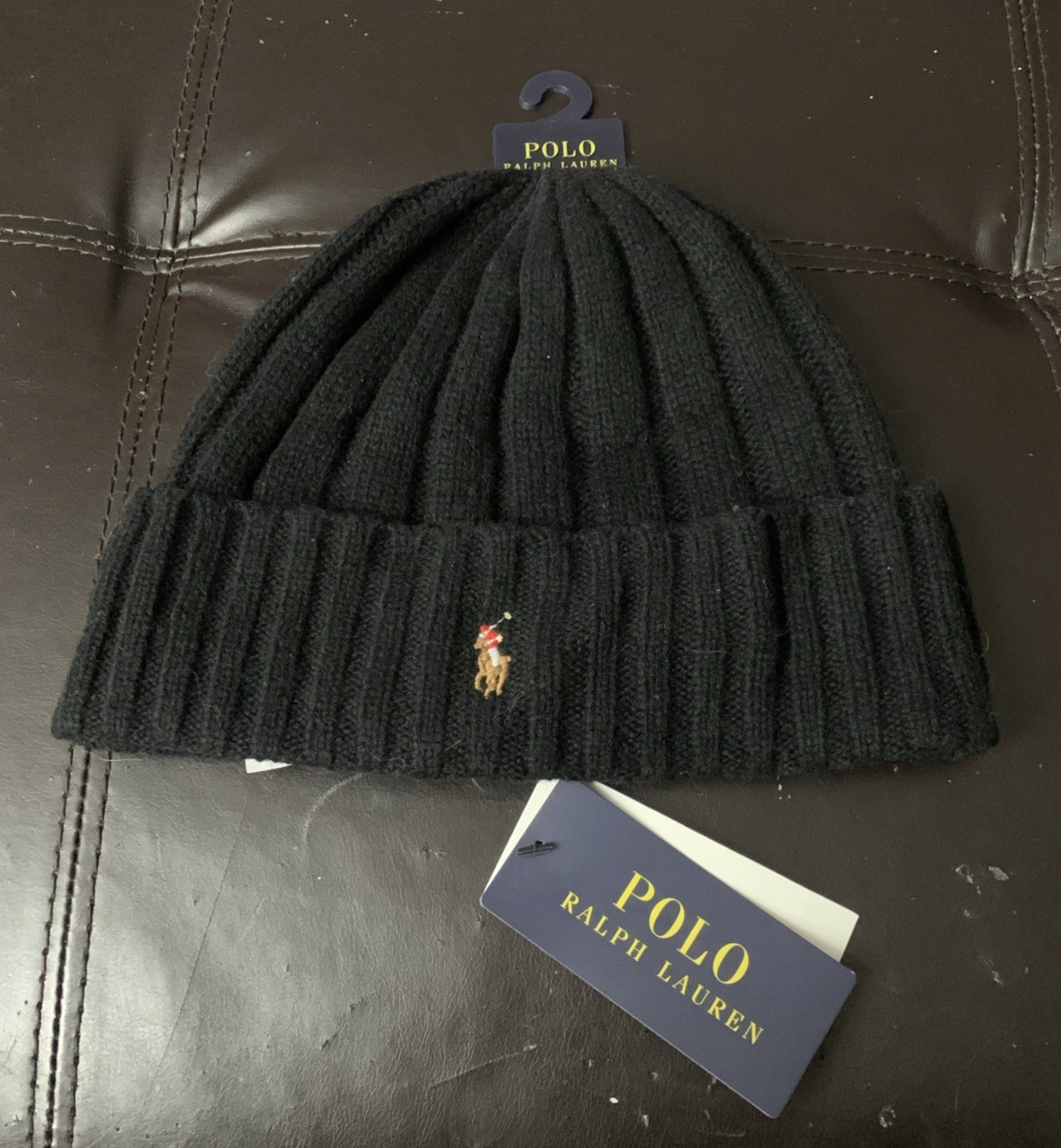 NWT Polo Ralph Lauren Beanie Wool Blend Ribbed Cuff Knit Black Multi Logo GB2