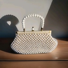 Vtg White Lucite Beaded Crochet Raffia Wedding Evening Purse Handbag Gold Accent
