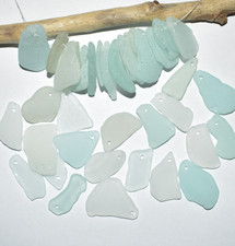 50 Large Sea Glass Beads 21  30mm Drilled Genuine Craft Beach Glass White Blue