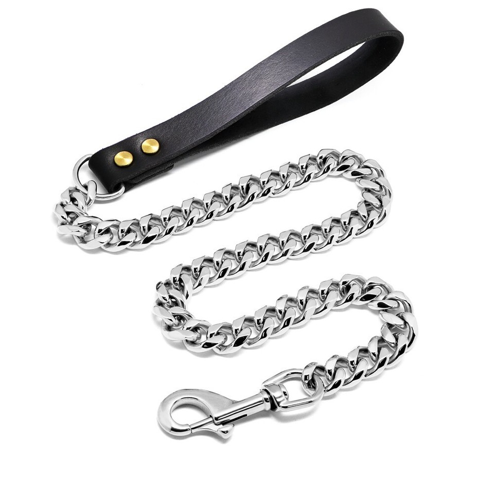 Heavy Duty Dog Chain Lead Leather Handle Stainless Steel Link Chain ...
