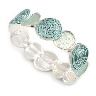 Pastell Neuwertig Emaille Rose Blumenmuster Flex Armband in hellsilberfarbenem Ton - 18 cm lang -