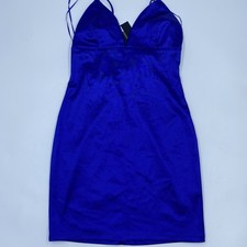Fashion Nova NWT Womens Medium Royal Blue Satin Bodycon V Neck Mini Dress