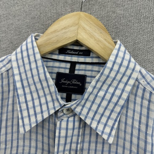 Indigo Palms Shirt Mens Medium Tailored Fit 100% Linen Blue Check Embroidered - Picture 3 of 14