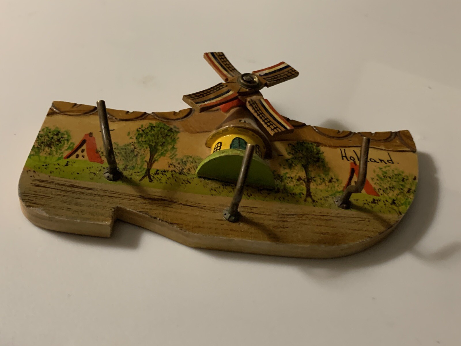 Vtg Holland Wood Clog Plaque Wall Hanging Windmill Key Hooks 6”