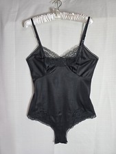 Vintage La Tendresse Silky Soft Nylon Black BodySuit Size M Lace Trim