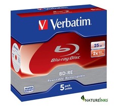 Image of 5 Verbatim 43615 BD-RE BDRE Rewritable 25GB 2x Blank Blu ray discs in Jewel Case