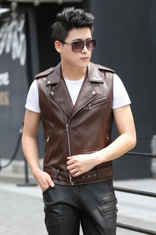 Mens Punk Faux Leather Motorcycle Biker Vest Zipper Sleeveless