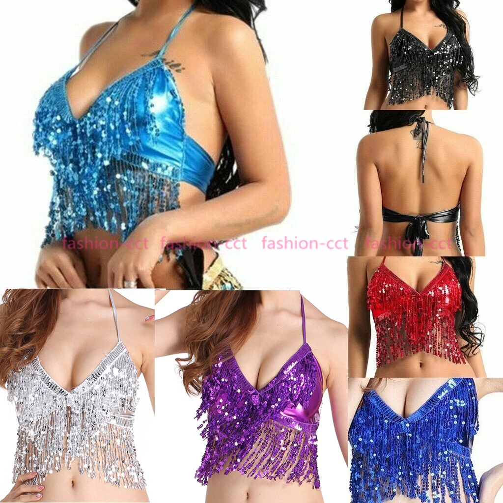 2023 Belly Dance Sequin Fringe Top Nightclub Performance Halter Bra Dance  Wear