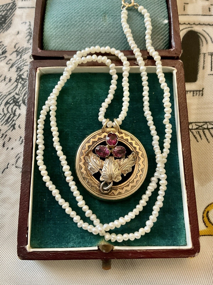 Ancien Collier Pendentif En Or Rose Avec Perles Fines Et Tourmalines - Occasion - Bijou Vintage