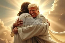 PRESIDENT DONALD TRUMP HUGGING JESUS IN HEAVEN WHITE ROBES 4X6 AI PHOTO