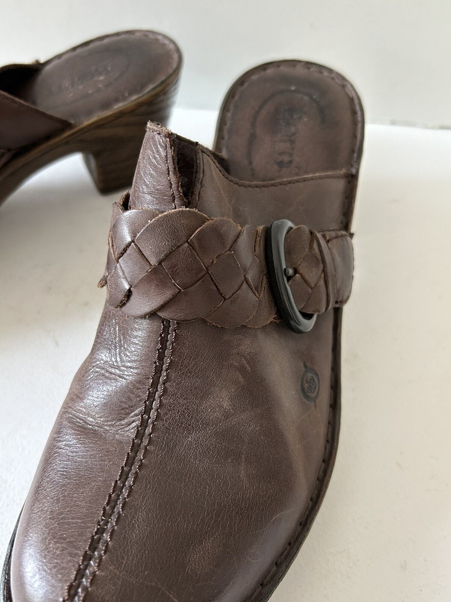 Born Shoes Clogs Mules Slide Wood Heels Brown Leather Size  display picture 2