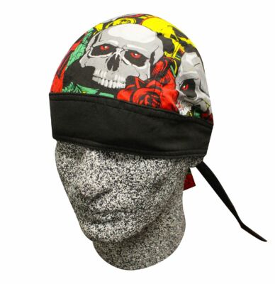 Red Rose and Skulls Ladies Biker Headwrap Skull Cap Durag