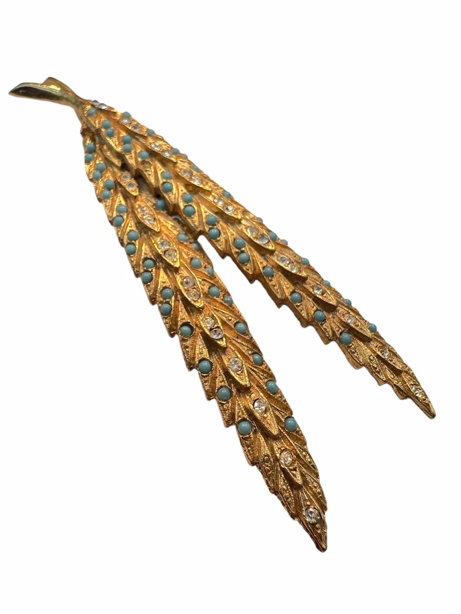 Broche Vintage – Plumes Et Feuilles, Turquoise Imitation, Ton Or (Très Bon état)