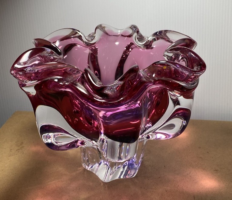 1960s Josef Hospodka,  Chribska Glassworks Ftd Cranberry Art Glass Bowl Exc 8”