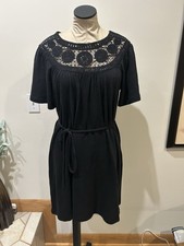 New! Loft Black Short Sleeve Dress With Lace Detail And Belt Size M