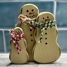 Vintage 90s Primitive Rustic Snowman Trio with Gingham Scarves cottagecore farm