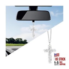 Bling Car Hanging Ornament, Cross Crystal Rhinestone Vehicle Rear View white
