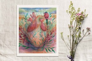 Original Watercolor Anatomical Heart Painting 8x10– Surreal Botanical Art