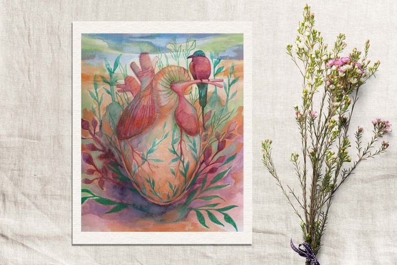 Original Watercolor Anatomical Heart Painting 8x10– Surreal Botanical Art
