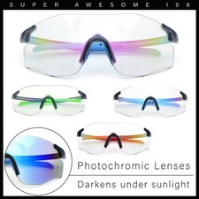 Photochromic Clear to Dark Mirrored Sport Shield Wrap Rimless Sunglasses